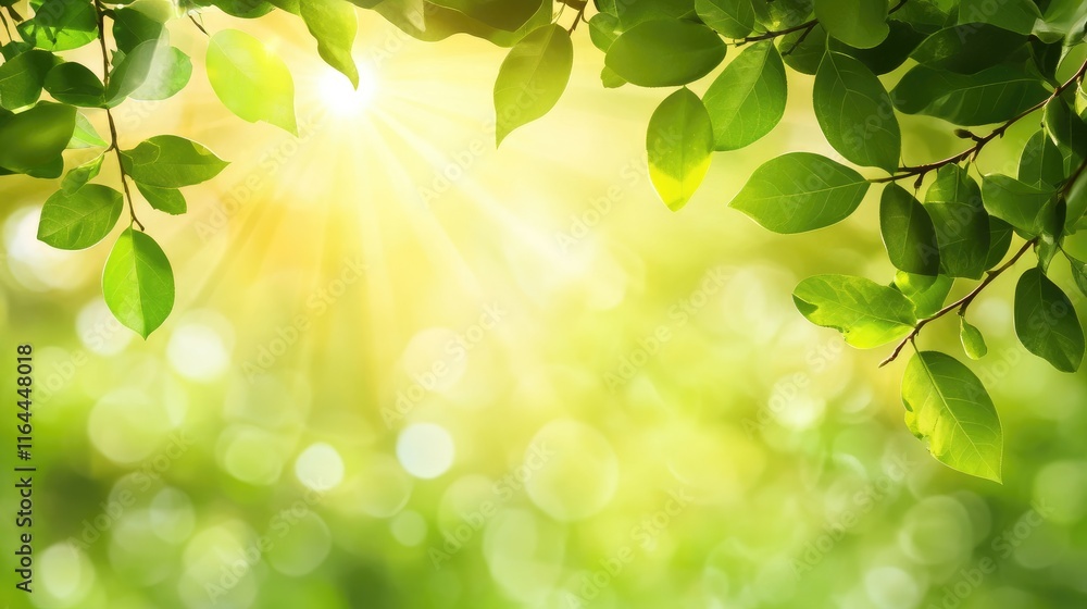 Golden sunlight streaming through green leaves creating a serene bokeh background in nature's vivid colors and tranquil atmosphere Golden sunlight streaming through green leaves creating a serene bokeh background in nature's vivid colors and tranquil atmosphere