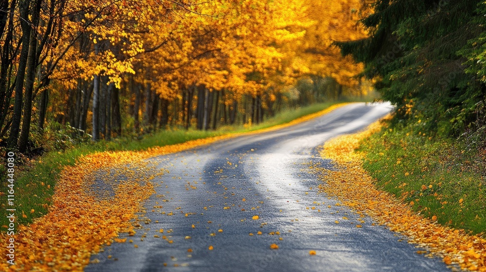 Obraz premium Vibrant autumn landscape with yellow flowers along a winding road surrounded by colorful foliage and serene nature scenery