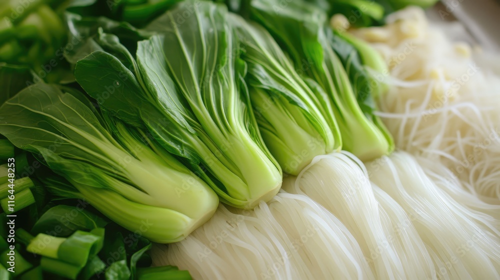 Fresh bok choy with rice noodles and green onions arranged on a countertop ready for cooking delicious Asian-inspired dishes. Fresh bok choy with rice noodles and green onions arranged on a countertop ready for cooking delicious Asian-inspired dishes.