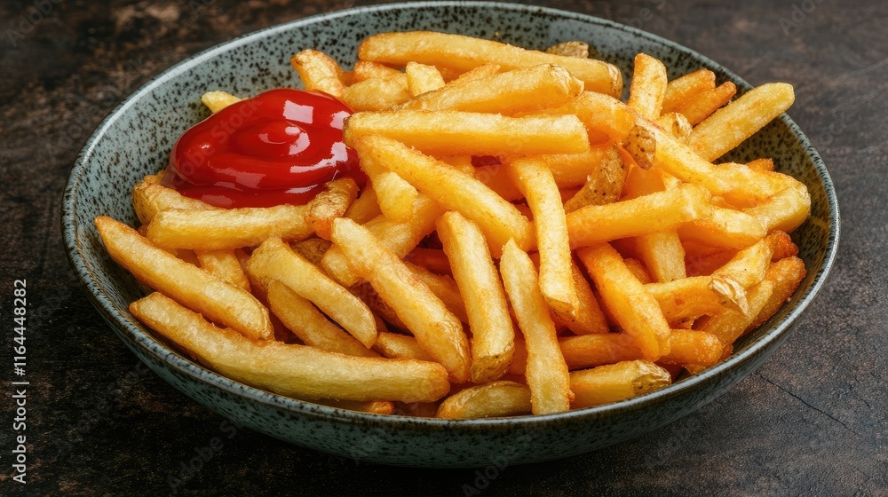 Bowl of Crispy Golden French Fries Served with Rich Red Ketchup on Dark Rustic Background Bowl of Crispy Golden French Fries Served with Rich Red Ketchup on Dark Rustic Background