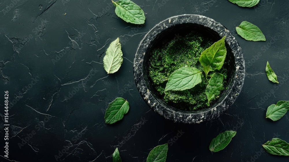 Ayurvedic leaves in mortar and pestle with herbs paste on dark background showcasing natural medicinal ingredients for holistic health Ayurvedic leaves in mortar and pestle with herbs paste on dark background showcasing natural medicinal ingredients for holistic health