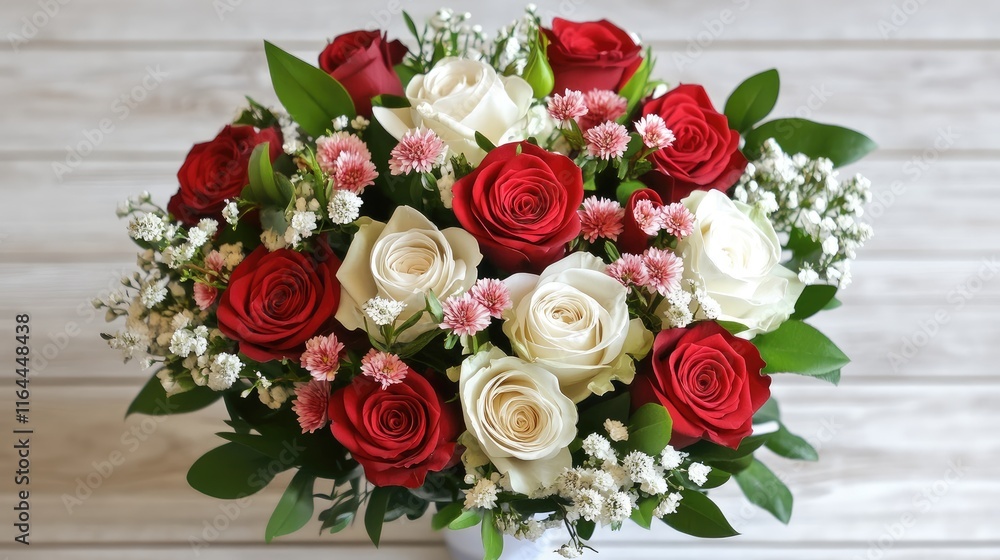 Bouquet of red and white roses with assorted flowers arranged on rustic white wooden background Bouquet of red and white roses with assorted flowers arranged on rustic white wooden background