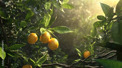 Citrus aurantifolia lemon tree with ripe fruit illuminated by sunlight in a lush tropical environment photo