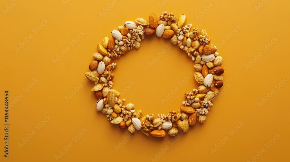 Nut circle arrangement on vibrant yellow background showcasing various nuts for healthy eating and nutritious lifestyle promotion Nut circle arrangement on vibrant yellow background showcasing various nuts for healthy eating and nutritious lifestyle promotion