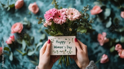 Celebrating Women's Day with a bouquet of pink flowers and a heartfelt messag...