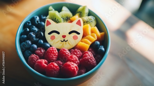 Colorful Bowl of Fresh Fruit Decorated with Adorable Cat Face Slice photo