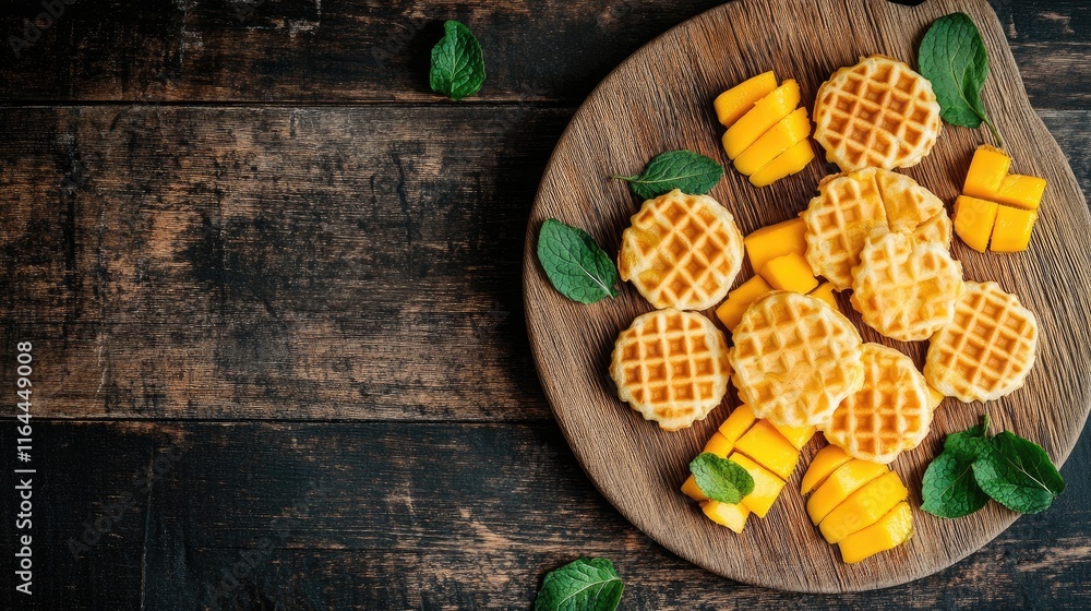 Mini waffles served with fresh mango pieces on a rustic wooden cutting board garnished with mint leaves. Perfect for a delicious breakfast. Mini waffles served with fresh mango pieces on a rustic wooden cutting board garnished with mint leaves. Perfect for a delicious breakfast.