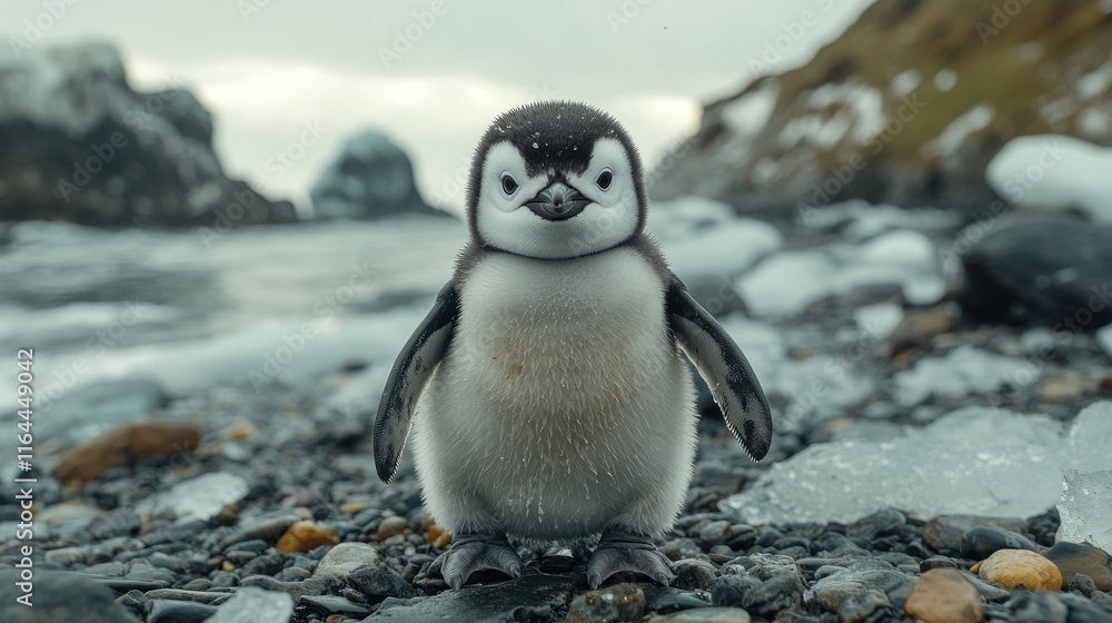 Naklejka premium A cute penguin chick stands on a rocky shore near the ocean, surrounded by ice and stones.