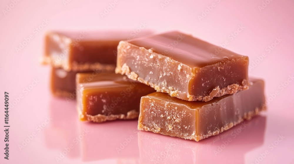 Caramel bars stacked on a soft pastel background showcasing glossy reflections and a delightful texture. Caramel bars stacked on a soft pastel background showcasing glossy reflections and a delightful texture.