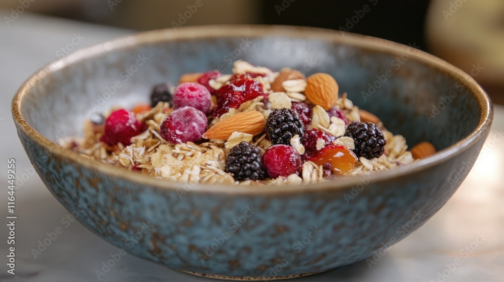 Muesli Bowl with Fresh Berries Almonds and Nuts on Rustic Table Décor Muesli Bowl with Fresh Berries Almonds and Nuts on Rustic Table Décor
