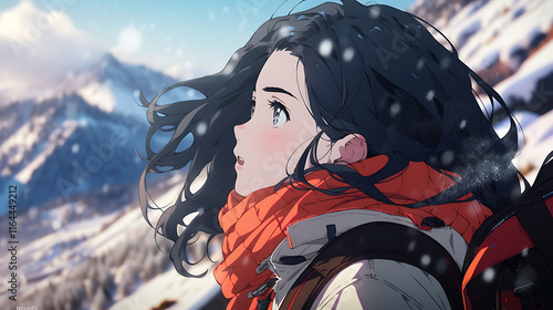 A young woman gazes at snowy mountains, embodying adventure and exploration.