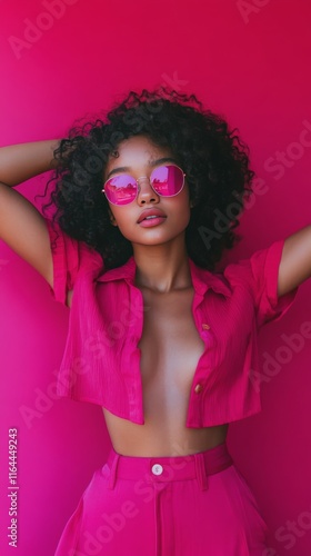 Young woman poses confidently against vibrant pink wall wearing stylish casua...