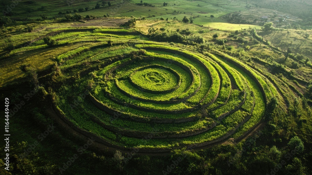 Aerial view of lush circular terraces in the Sacred Valley showcasing ancient agricultural landscapes and vibrant greenery. Aerial view of lush circular terraces in the Sacred Valley showcasing ancient agricultural landscapes and vibrant greenery.