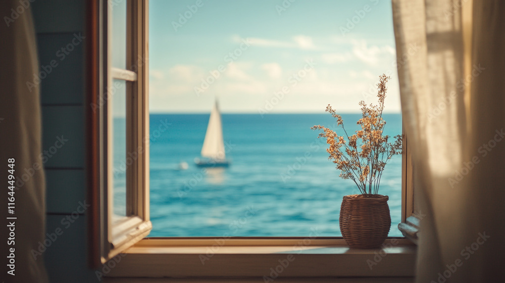 Fototapeta premium Sailing boats and ocean view from a coastal window with flowers in a vase