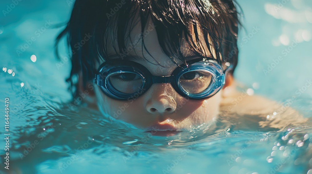 Naklejka premium Child wearing swim goggles underwater in a pool showcasing focus and determination while enjoying a refreshing summer activity
