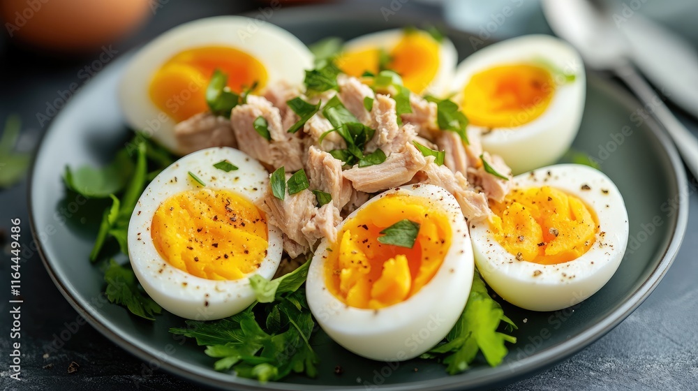 Healthy boiled eggs served with a flavorful tuna salad on a bed of fresh greens garnished with herbs and spices. Healthy boiled eggs served with a flavorful tuna salad on a bed of fresh greens garnished with herbs and spices.
