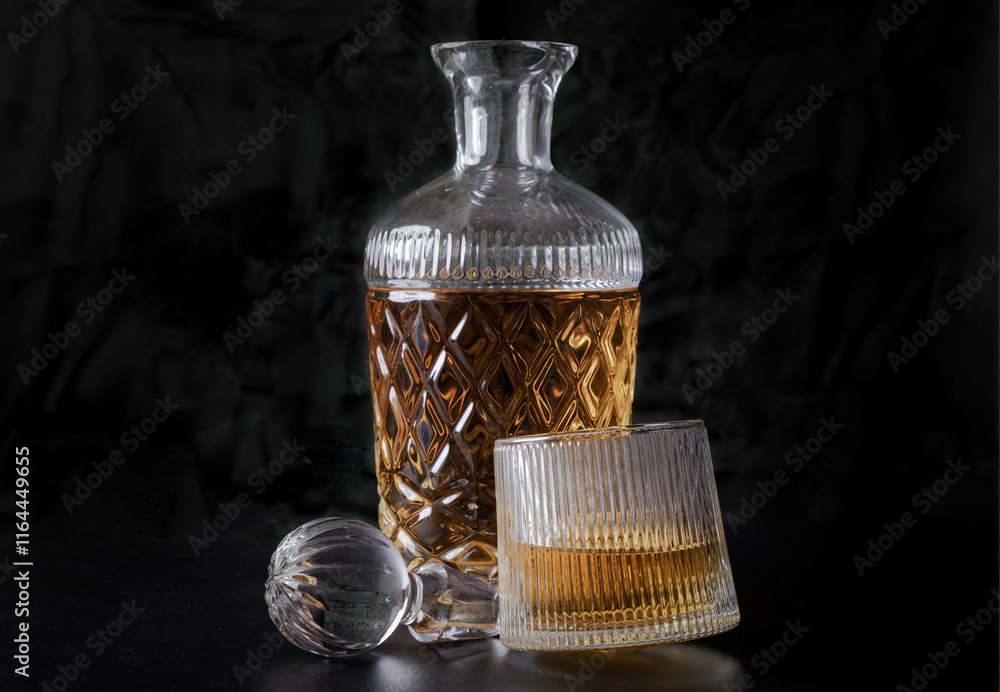Design elements of The crystal decanter of whiskey, Glass Lid with Whiskey glass on dark background with reflection. use it as your Wallpaper, Poster and Space for text, Selective focus.