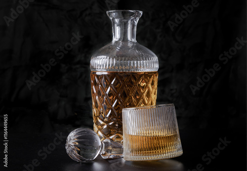 Obraz na płótnie Design elements of The crystal decanter of whiskey, Glass Lid with Whiskey glass on dark background with reflection. use it as your Wallpaper, Poster and Space for text, Selective focus. w salonie