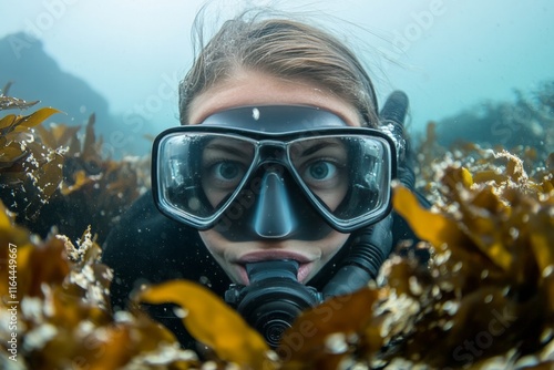 Close-up of a woman snorkeling underwater capturing the vibrant marine life i...