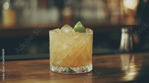 Bourbon cocktail with ginger ale and lime served in a classic glass on a wooden bar counter with a blurred background photo