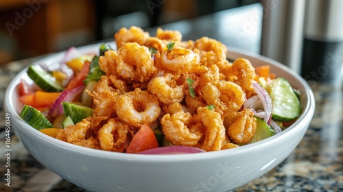 Bowl of crispy fried calamari served with vibrant fresh vegetables on a kitchen counter ready to delight food lovers photo