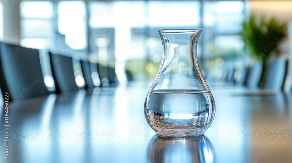 Clear glass carafe filled with water on a sleek conference table in modern office setting with natural light and blurred background. Clear glass carafe filled with water on a sleek conference table in modern office setting with natural light and blurred background.