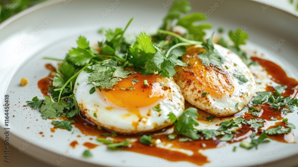 Boiled and fried eggs garnished with fresh coriander and drizzled with tamarind sweet sauce served on a minimalist white plate Boiled and fried eggs garnished with fresh coriander and drizzled with tamarind sweet sauce served on a minimalist white plate