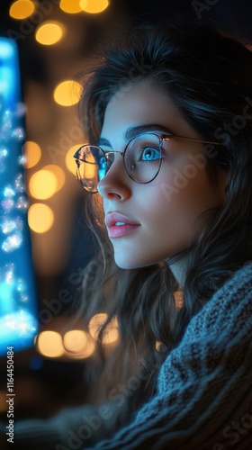Young woman focused on computer screen in a cozy, illuminated room at night