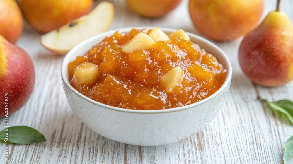 Bowl of orange marmalade with fresh apples and pears on rustic wooden table with fruit in background Bowl of orange marmalade with fresh apples and pears on rustic wooden table with fruit in background