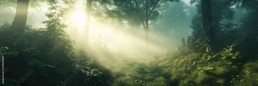 Obraz premium Sunbeams Illuminate A Misty Forest Path