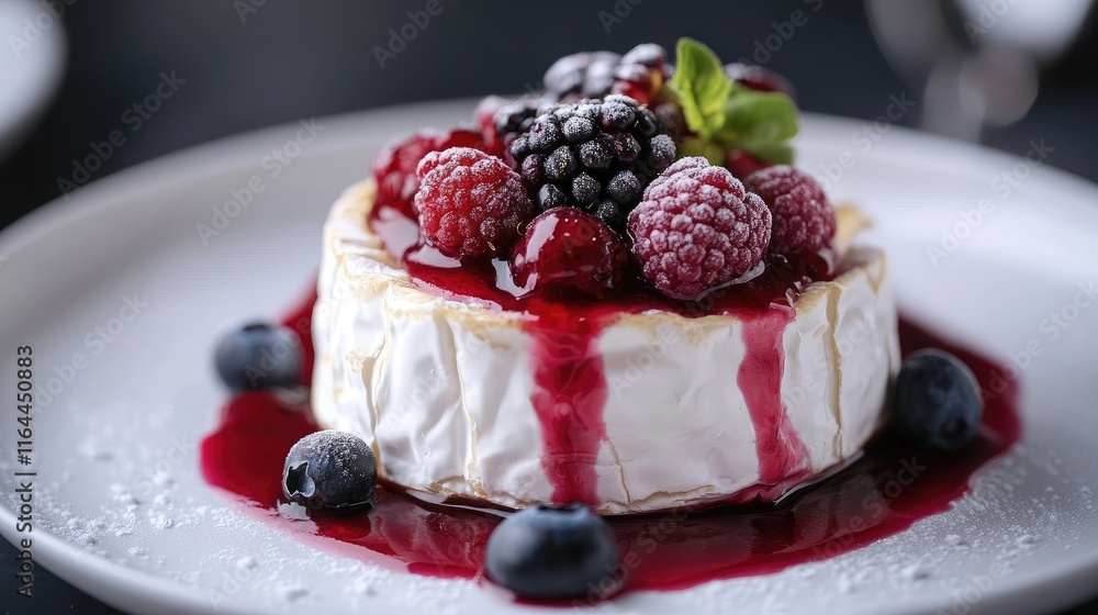 Camembert cheese topped with mixed berries sauce and fresh berries on a white plate gourmet dessert presentation Camembert cheese topped with mixed berries sauce and fresh berries on a white plate gourmet dessert presentation