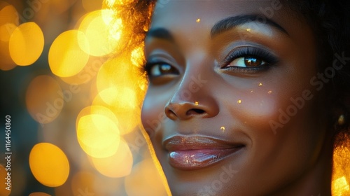 Young woman with dreadlocks smiling peacefully against a warm background