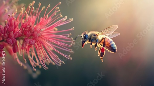 Calliandra flower attracting a bee with vibrant red petals in a soft natural light setting