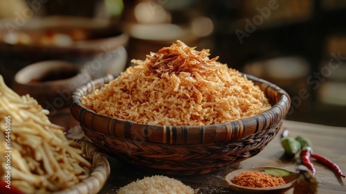 Traditional Cireng dish presented in a woven basket showcasing crispy fried aci accompanied by various spices and garnishes. photo