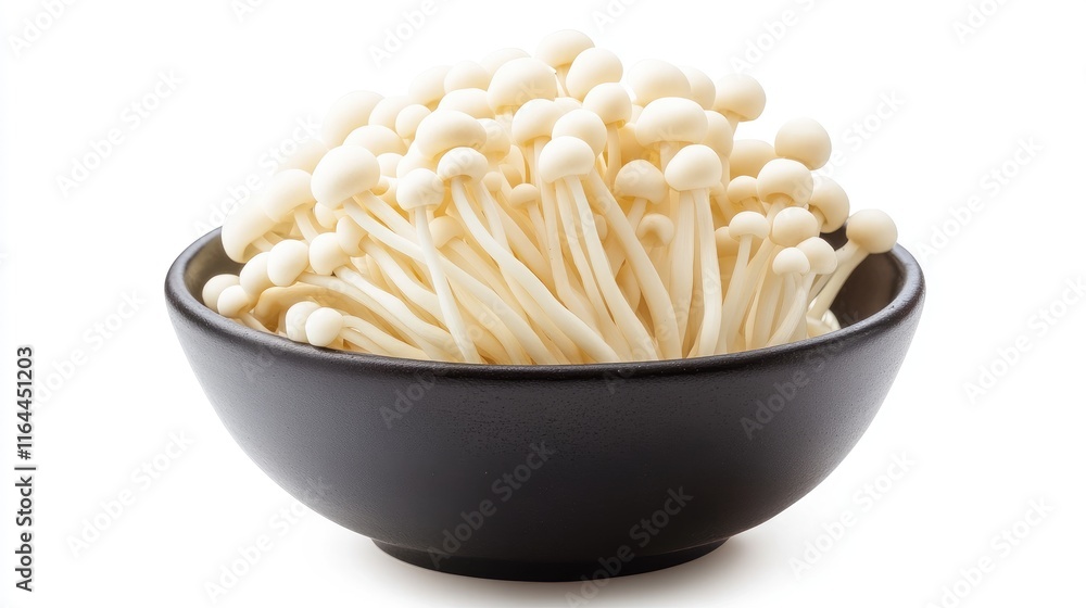 Fresh Shimeji Mushrooms in Black Bowl Isolated on White Background for Culinary or Health Related Concepts Fresh Shimeji Mushrooms in Black Bowl Isolated on White Background for Culinary or Health Related Concepts