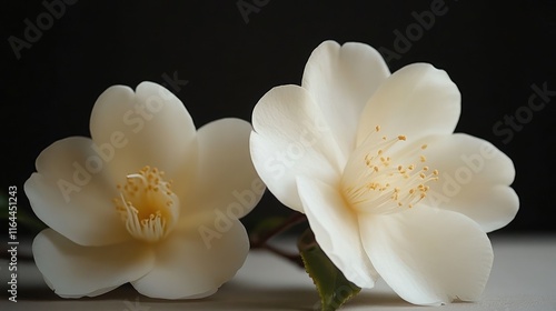 Camellia sasanqua flowers close-up showcasing unique petal structure and delicate beauty against a dark background in a natural setting photo