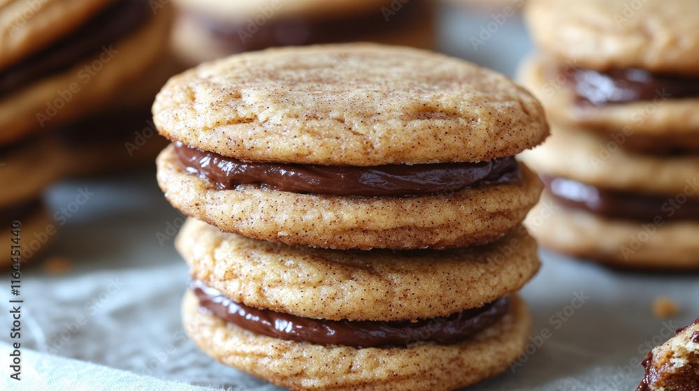 Cinnamon Sugar Cookies with Chocolate Hazelnut Spread Filling Stacked on a Rustic Surface Cinnamon Sugar Cookies with Chocolate Hazelnut Spread Filling Stacked on a Rustic Surface