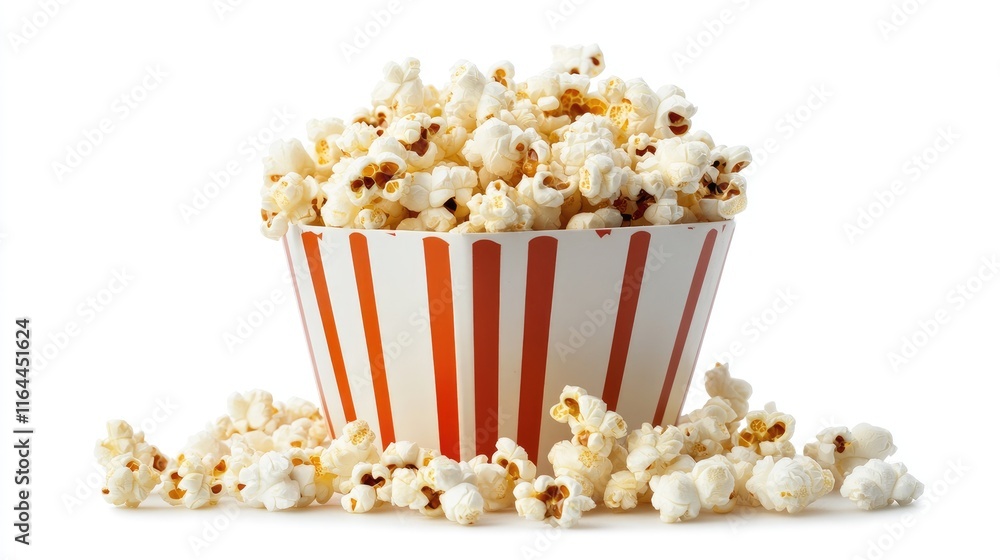 Caramel popcorn in a striped bowl on a white background with scattered pieces around for snack and dessert concepts Caramel popcorn in a striped bowl on a white background with scattered pieces around for snack and dessert concepts