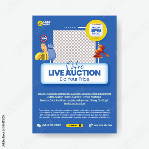 Online Auction editable vertical print flyer or poster template, Auction Event leaflet brochure cover design