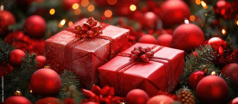 Festive Christmas tree surrounded by red gifts and sparkling ornaments creating a warm holiday atmosphere in a cozy interior setting Festive Christmas tree surrounded by red gifts and sparkling ornaments creating a warm holiday atmosphere in a cozy interior setting