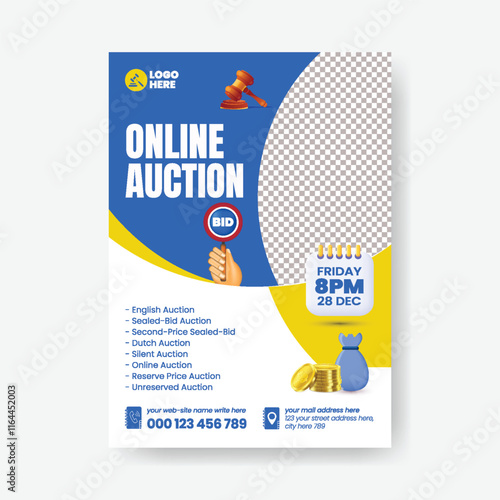 Online Auction editable vertical print flyer or poster template, Auction Event leaflet brochure cover design