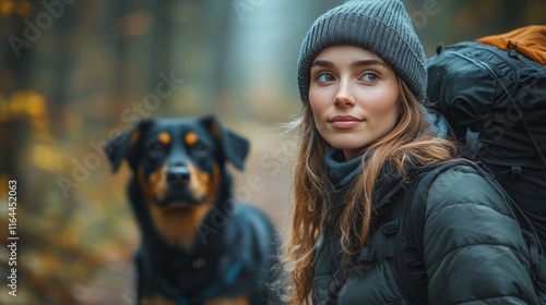 Woman hiking with golden retriever on a forest trail during a calm autumn day