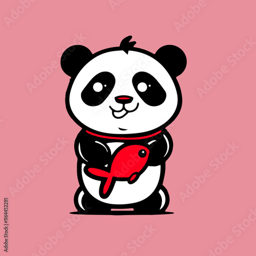 panda bear with a red fish 