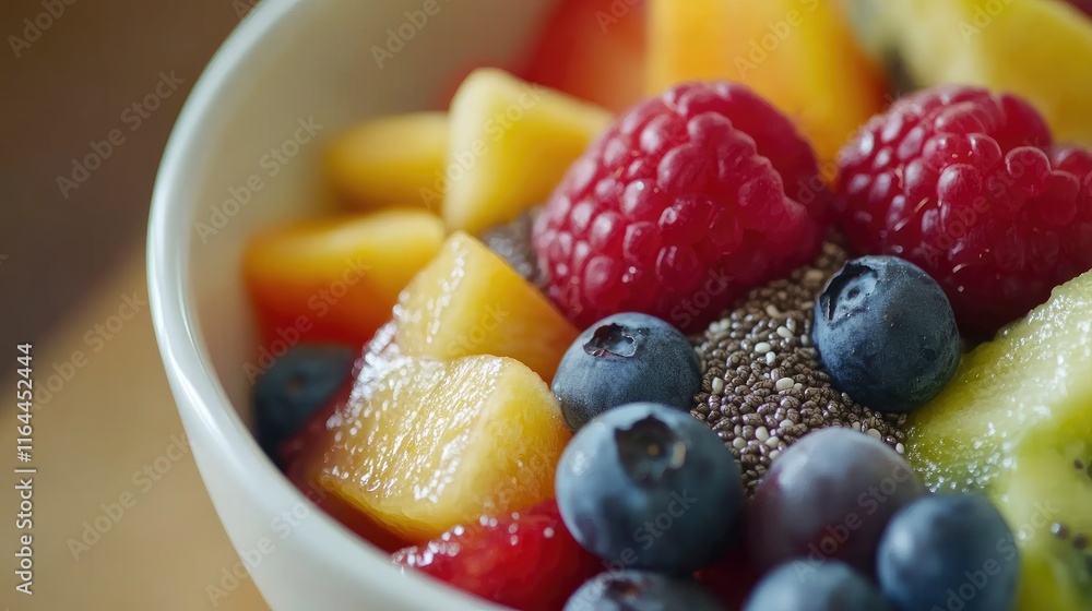 Colorful fruit bowl with blended fruits topped with chia seeds highlighting fresh raspberries, blueberries, and melons for a healthy breakfast. Colorful fruit bowl with blended fruits topped with chia seeds highlighting fresh raspberries, blueberries, and melons for a healthy breakfast.