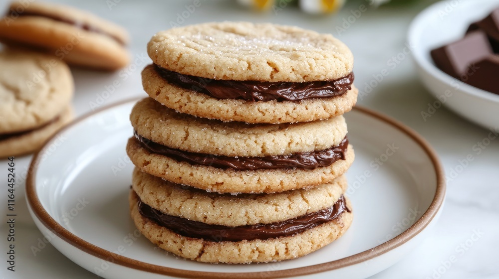 Cinnamon Sugar Sandwich Cookies Filled with Rich Chocolate Hazelnut Spread on a White Plate Cinnamon Sugar Sandwich Cookies Filled with Rich Chocolate Hazelnut Spread on a White Plate