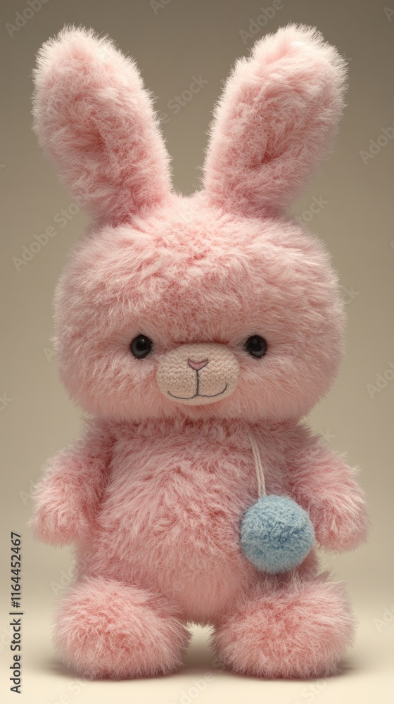 A cute pink bunny plush toy with long ears and a pom-pom accessory. A cute pink bunny plush toy with long ears and a pom-pom accessory.