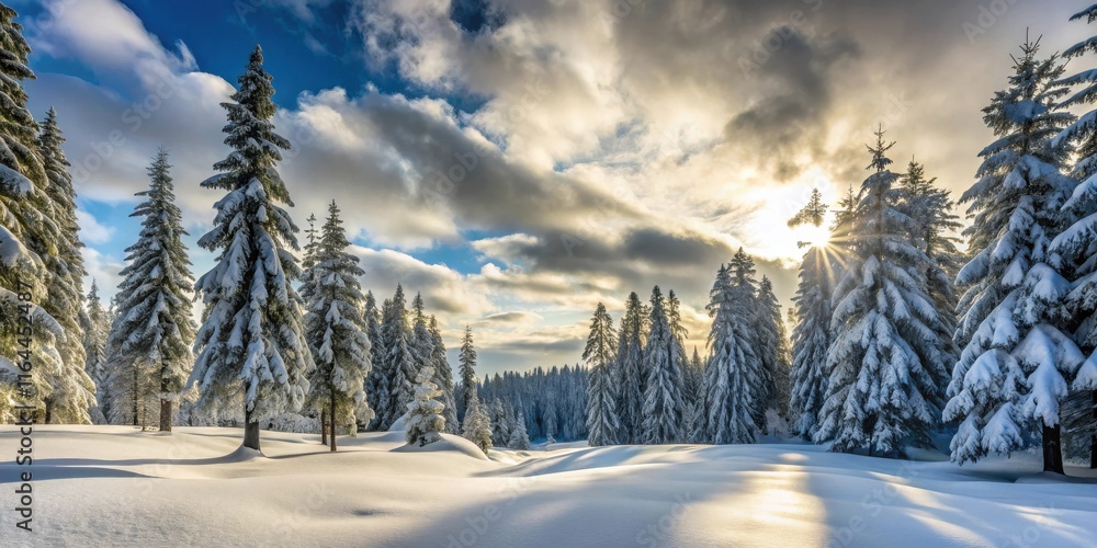 Fototapeta premium Winter Wonderland Sunlit Snow-Covered Evergreen Forest at Golden Hour