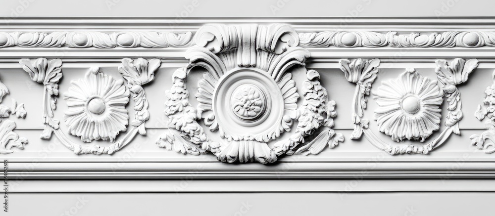 Fototapeta premium Elegant classic crown molding with intricate floral details highlighting various angles for interior design inspiration and renovation ideas.