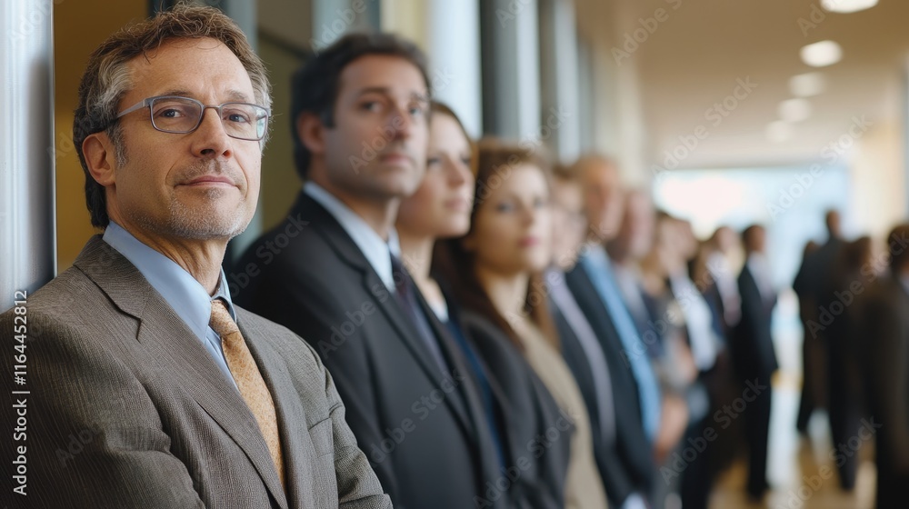 Business professionals patiently waiting in line for job interviews during a human resources recruitment event in a modern office setting Business professionals patiently waiting in line for job interviews during a human resources recruitment event in a modern office setting