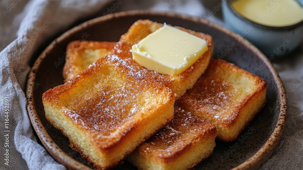 Cinnamon rusk slices topped with melting butter served on a rustic plate for a delicious snack or breakfast option Cinnamon rusk slices topped with melting butter served on a rustic plate for a delicious snack or breakfast option
